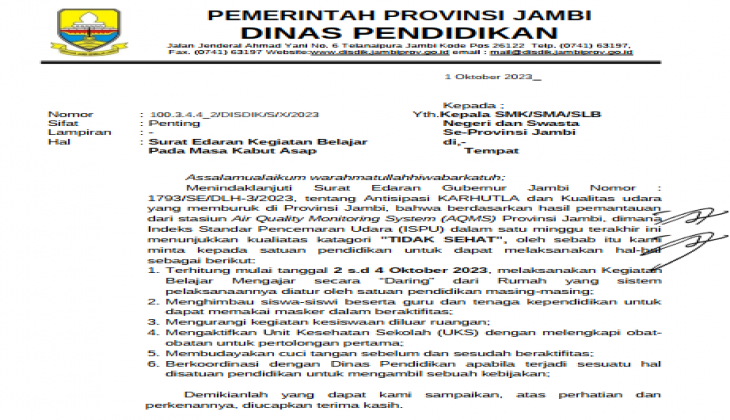 Surat Edaran Kegiatan Belajar Pada Masa Kabut Asap